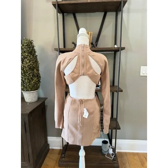 HERVE LEGER Ottoman Cutout Long Sleeve Minidress Fawn Womens Size Large - Picture 9 of 13